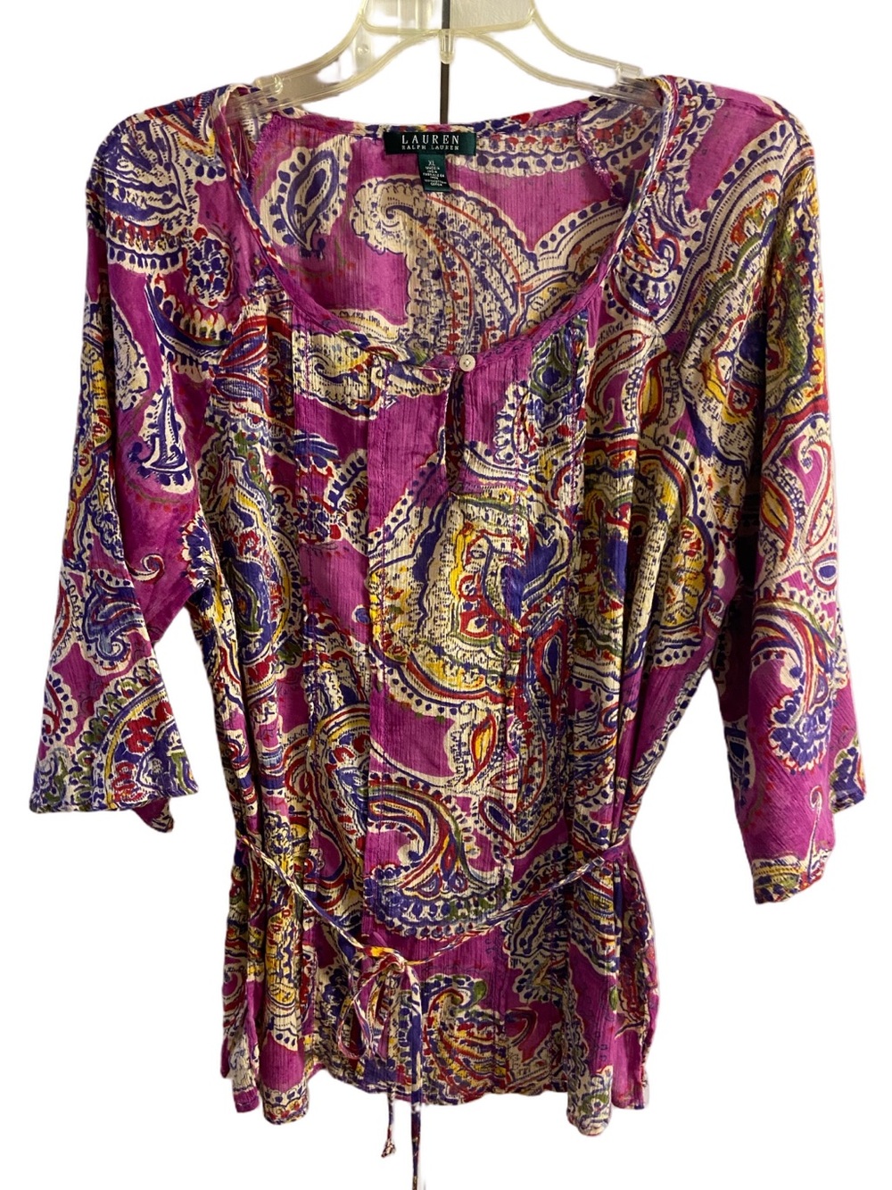 Lauren Ralph Lauren Magenta Paisley Tie-Front Tunic Blouse XL - Picture 2 of 8